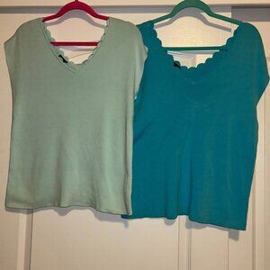 Lot of 2 Talbots blue aqua scallop neck trim cap sleeve sweater tops woman's XL